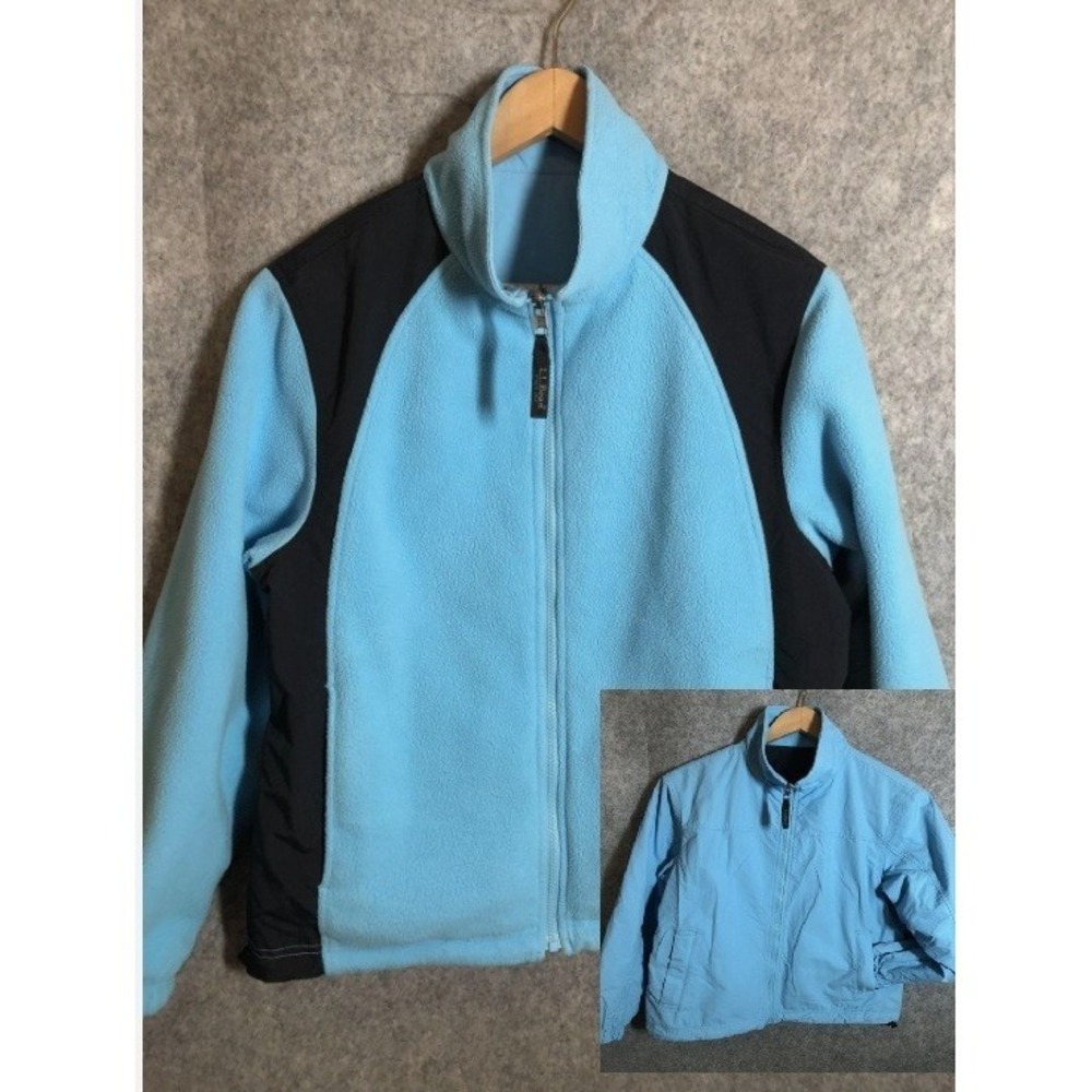 L.L.Bean Jacket Womens Petite Medium Blue Reversible Fleece Lined Full Zip Nylon